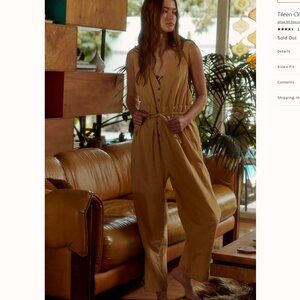 Free People Jumpsuit Size Medium Tan Loose Straight Fit Boho Peasant Button Down